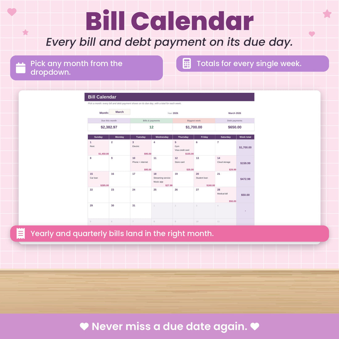 A bill calendar that fills itself in
