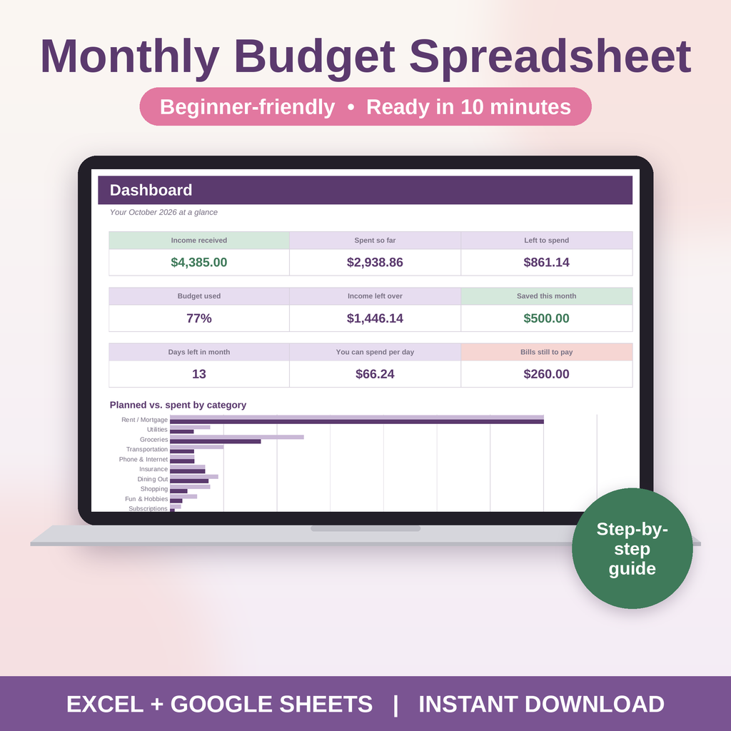 Monthly Budget Spreadsheet for Excel & Google Sheets