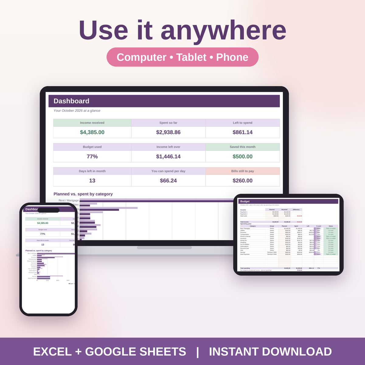 Monthly Budget Spreadsheet for Excel & Google Sheets