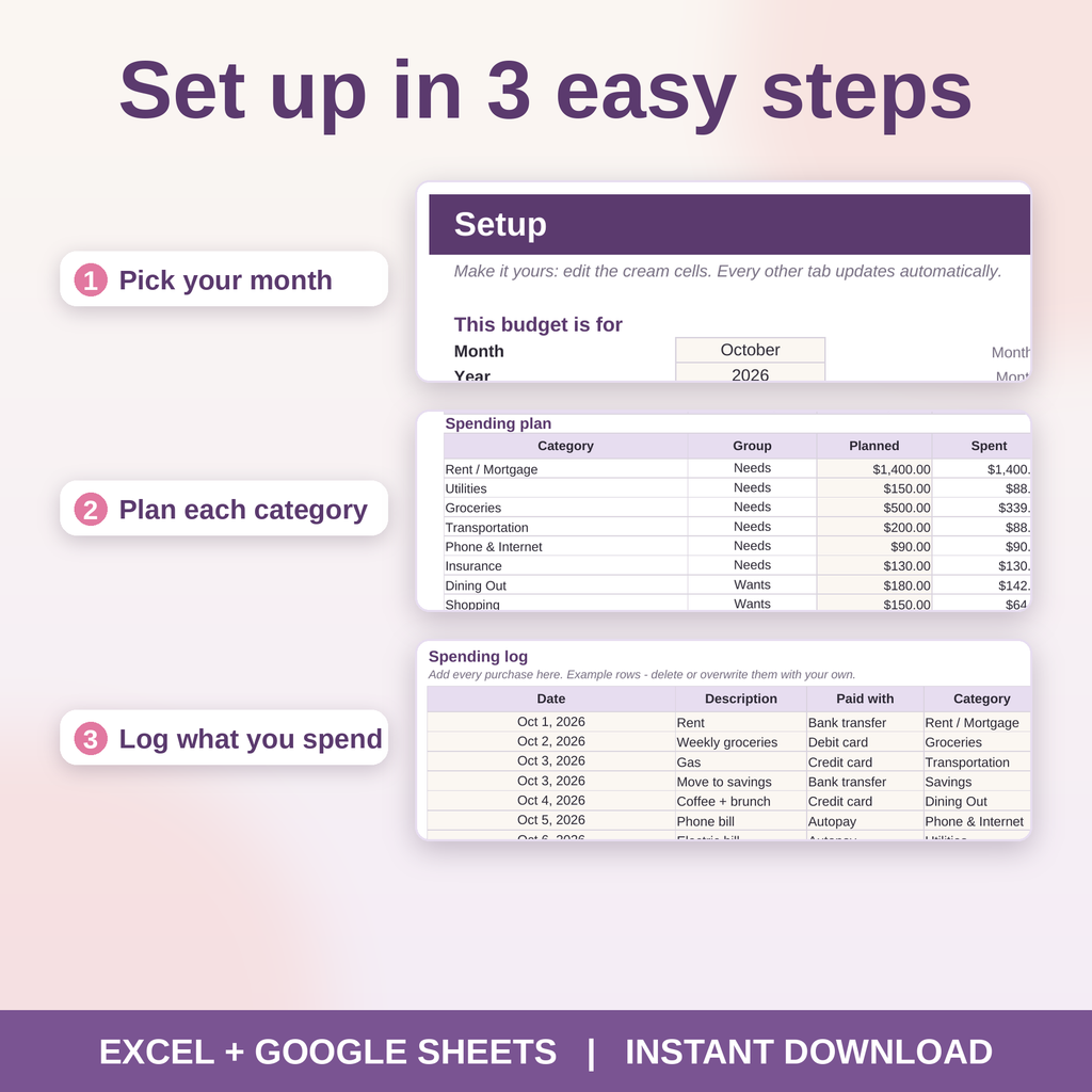 Monthly Budget Spreadsheet for Excel & Google Sheets