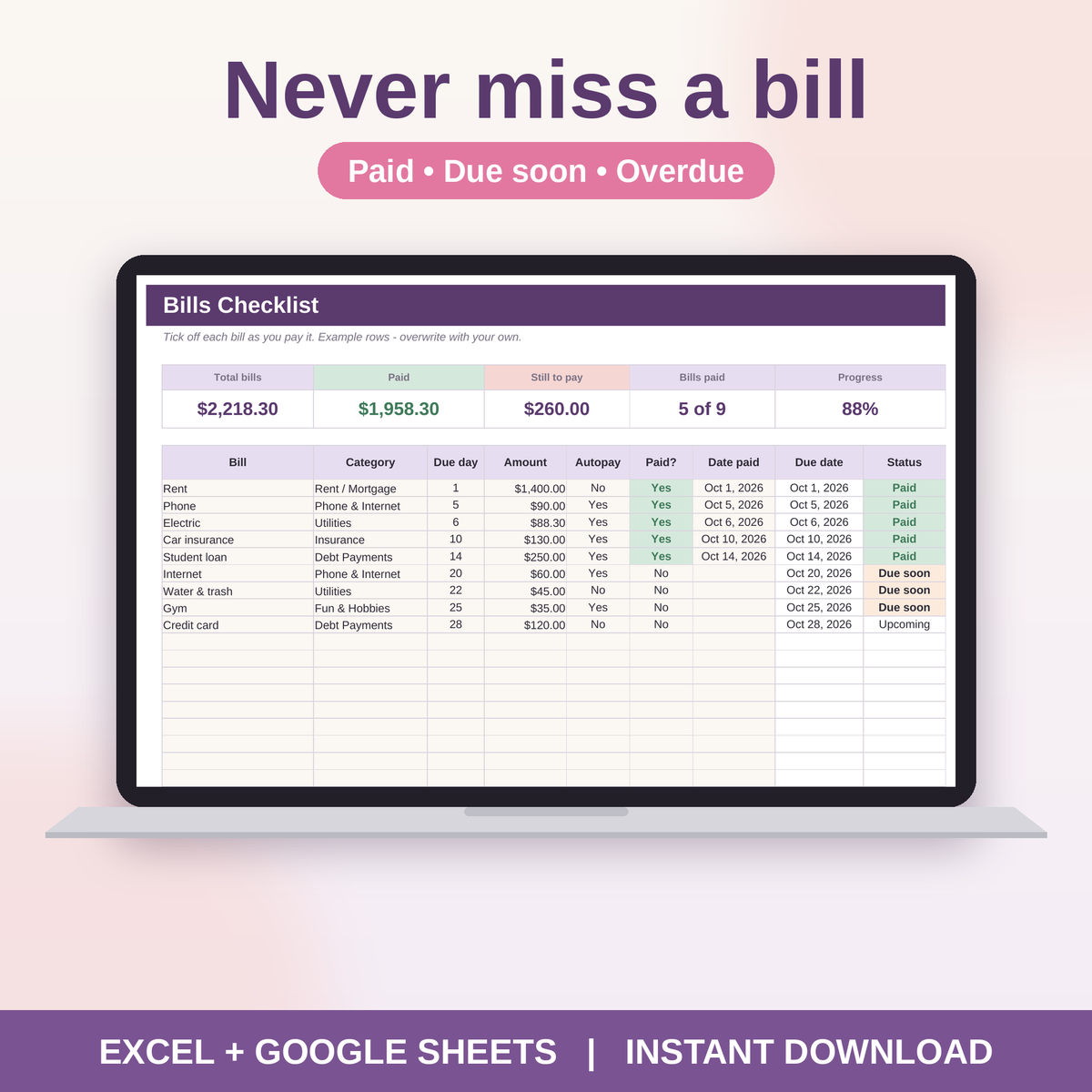 Monthly Budget Spreadsheet for Excel & Google Sheets