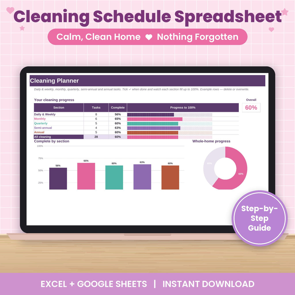 Cleaning and Home Maintenance Spreadsheet for Excel & Google Sheets