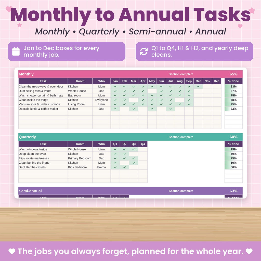 Cleaning and Home Maintenance Spreadsheet for Excel & Google Sheets