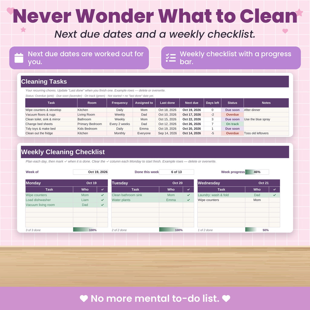 Cleaning and Home Maintenance Spreadsheet for Excel & Google Sheets