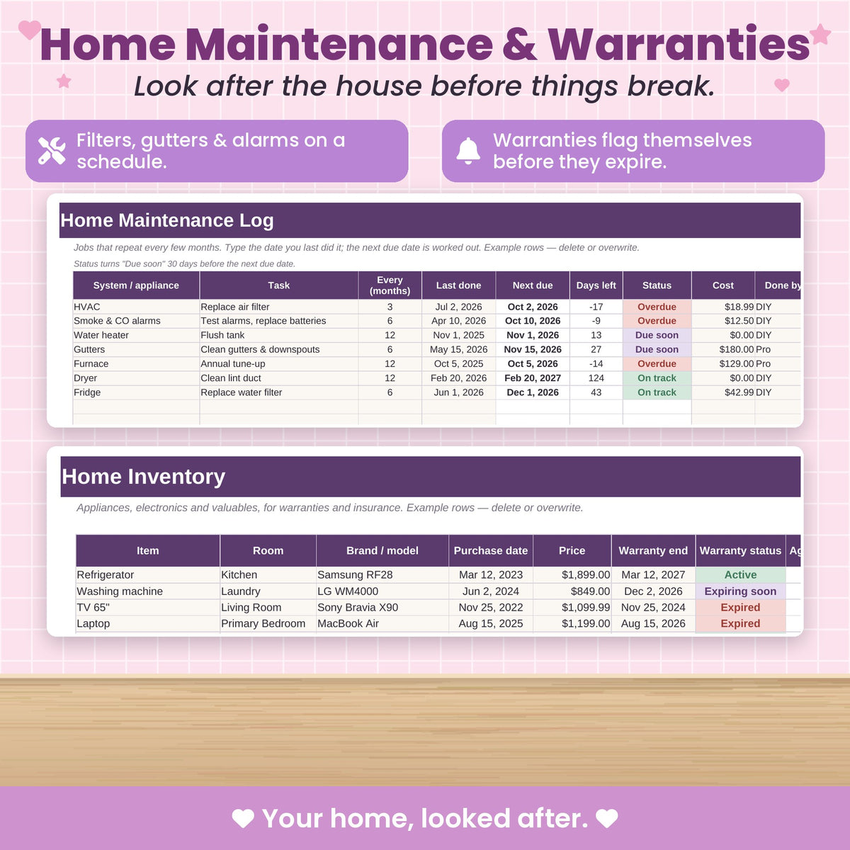 Cleaning and Home Maintenance Spreadsheet for Excel & Google Sheets