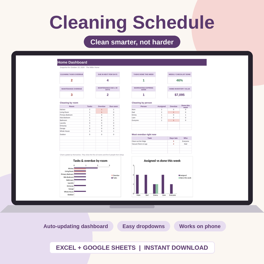 Cleaning and Home Maintenance Spreadsheet for Excel & Google Sheets