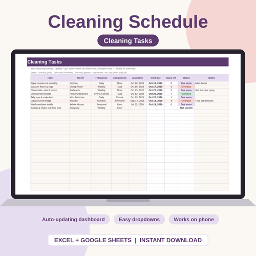 Cleaning and Home Maintenance Spreadsheet for Excel & Google Sheets