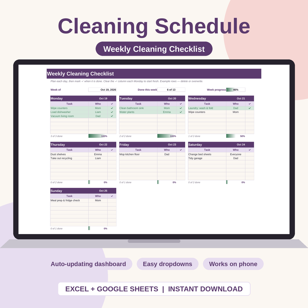 Cleaning and Home Maintenance Spreadsheet for Excel & Google Sheets