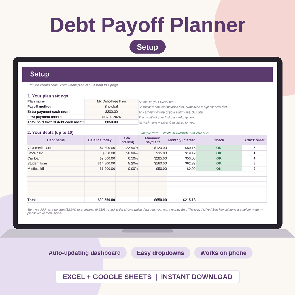 Debt Snowball Spreadsheet for Excel & Google Sheets