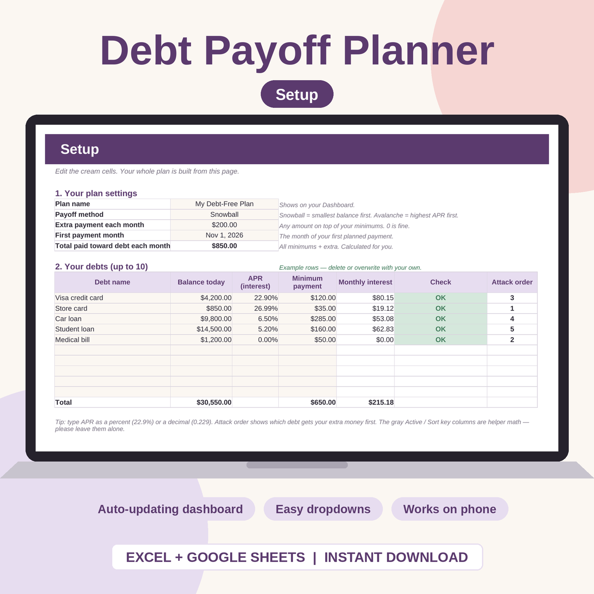 Debt Snowball Spreadsheet for Excel & Google Sheets