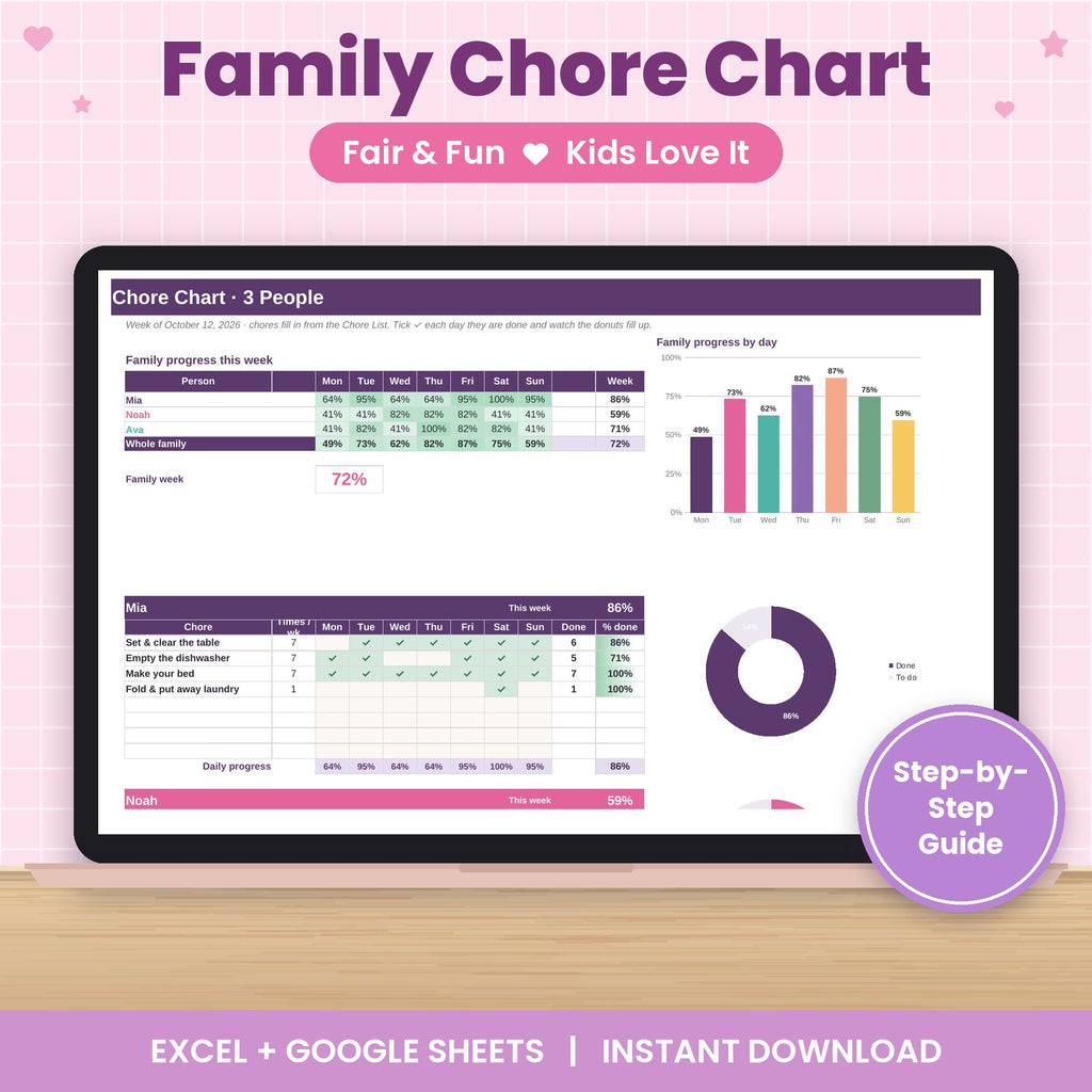 Family Chore Chart Spreadsheet for Excel & Google Sheets