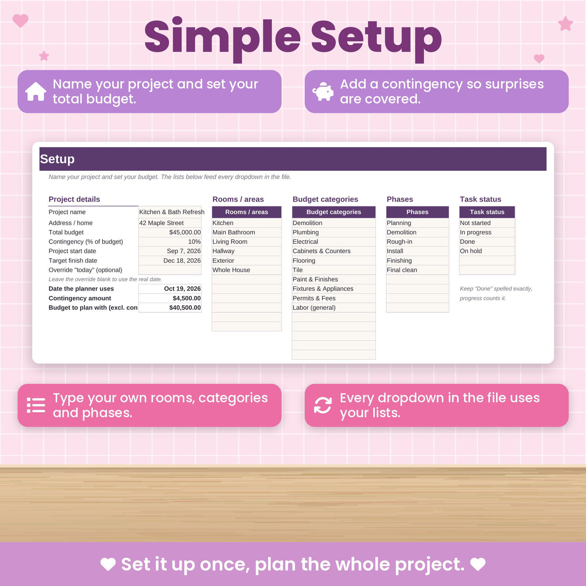 Home Renovation Project Spreadsheet for Excel & Google Sheets
