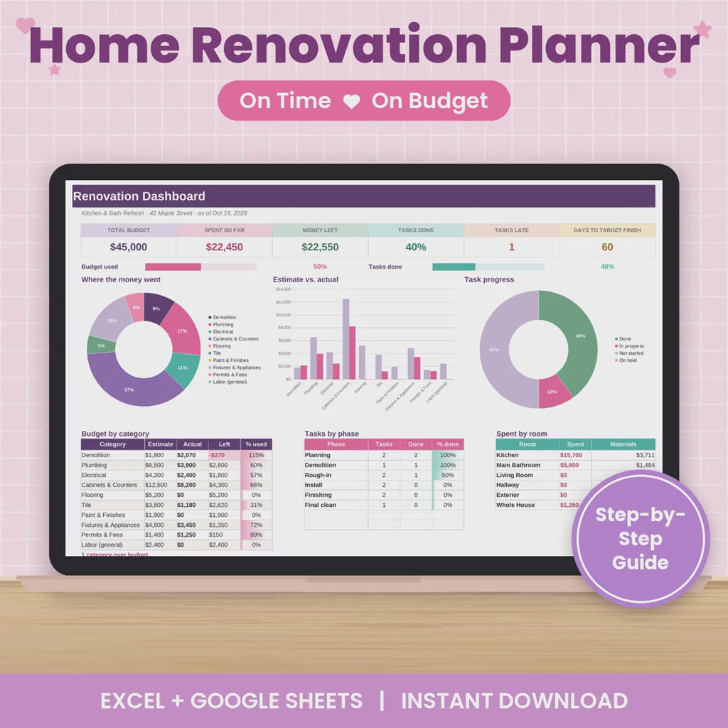 Home Renovation Project Spreadsheet for Excel & Google Sheets