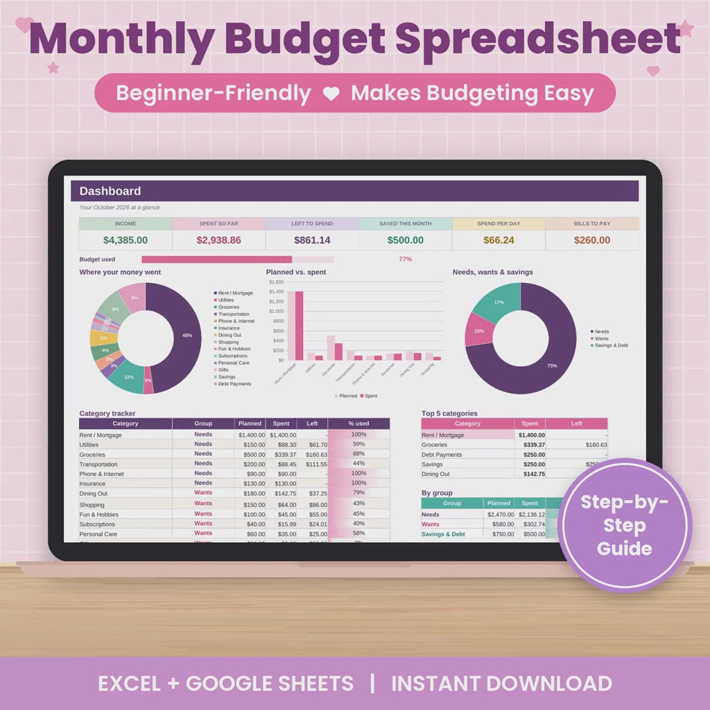 Monthly Budget Spreadsheet for Excel & Google Sheets