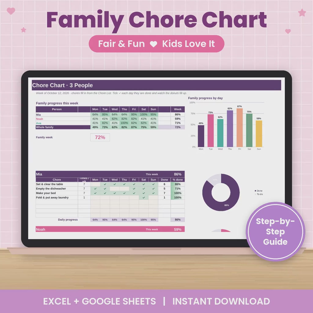 Family Chore Chart Spreadsheet for Excel & Google Sheets