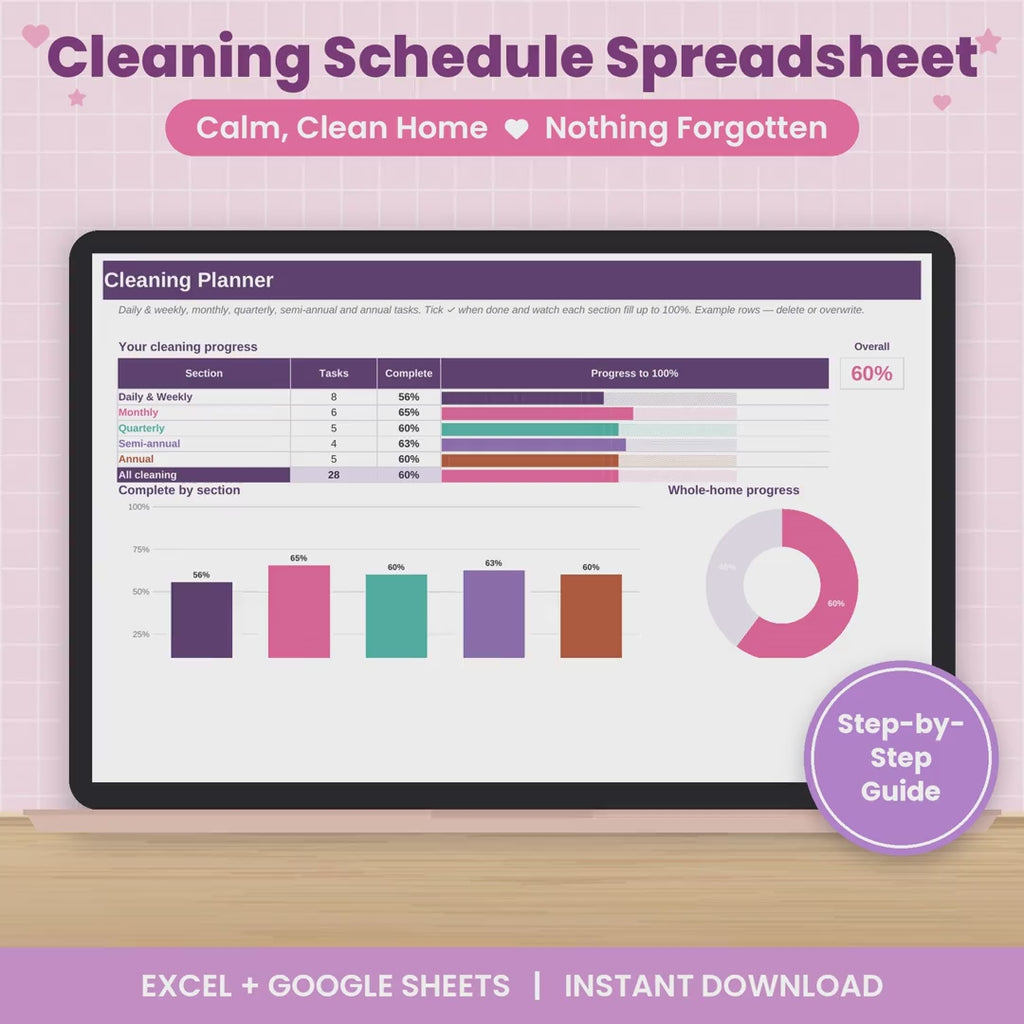 Cleaning and Home Maintenance Spreadsheet for Excel & Google Sheets