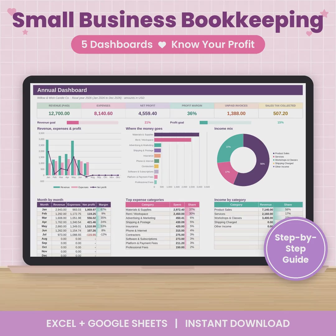 Small Business Bookkeeping Spreadsheet for Excel & Google Sheets