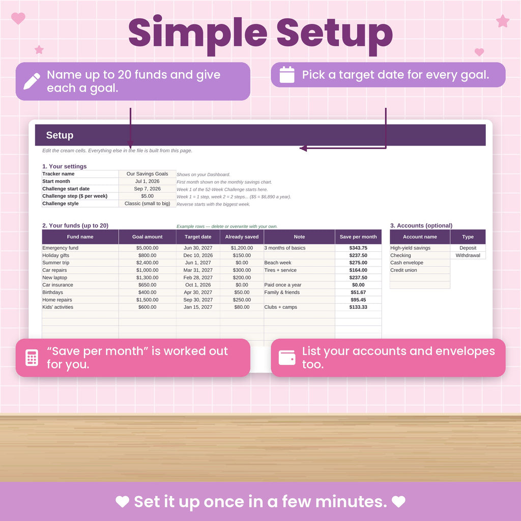 Savings Tracker / Sinking Funds Spreadsheet for Excel & Google Sheets