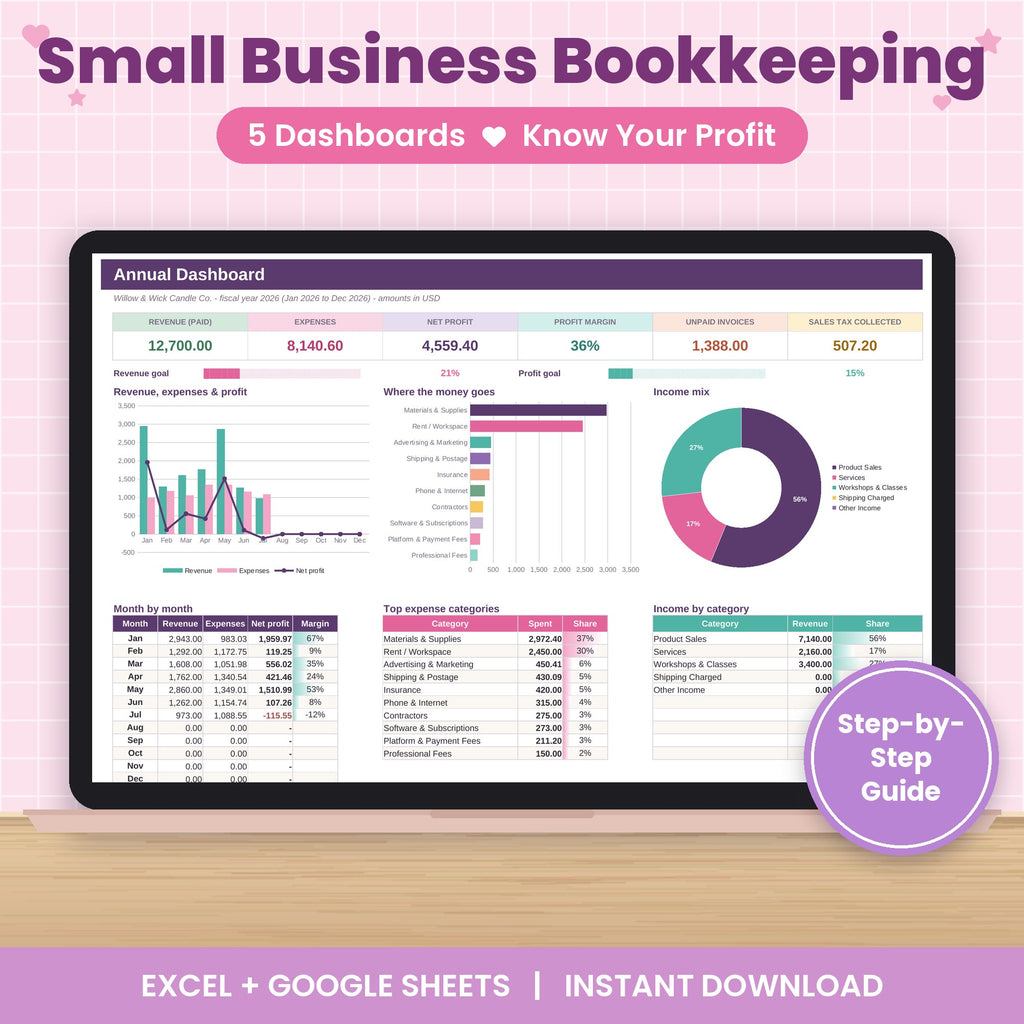Small Business Bookkeeping Spreadsheet for Excel & Google Sheets
