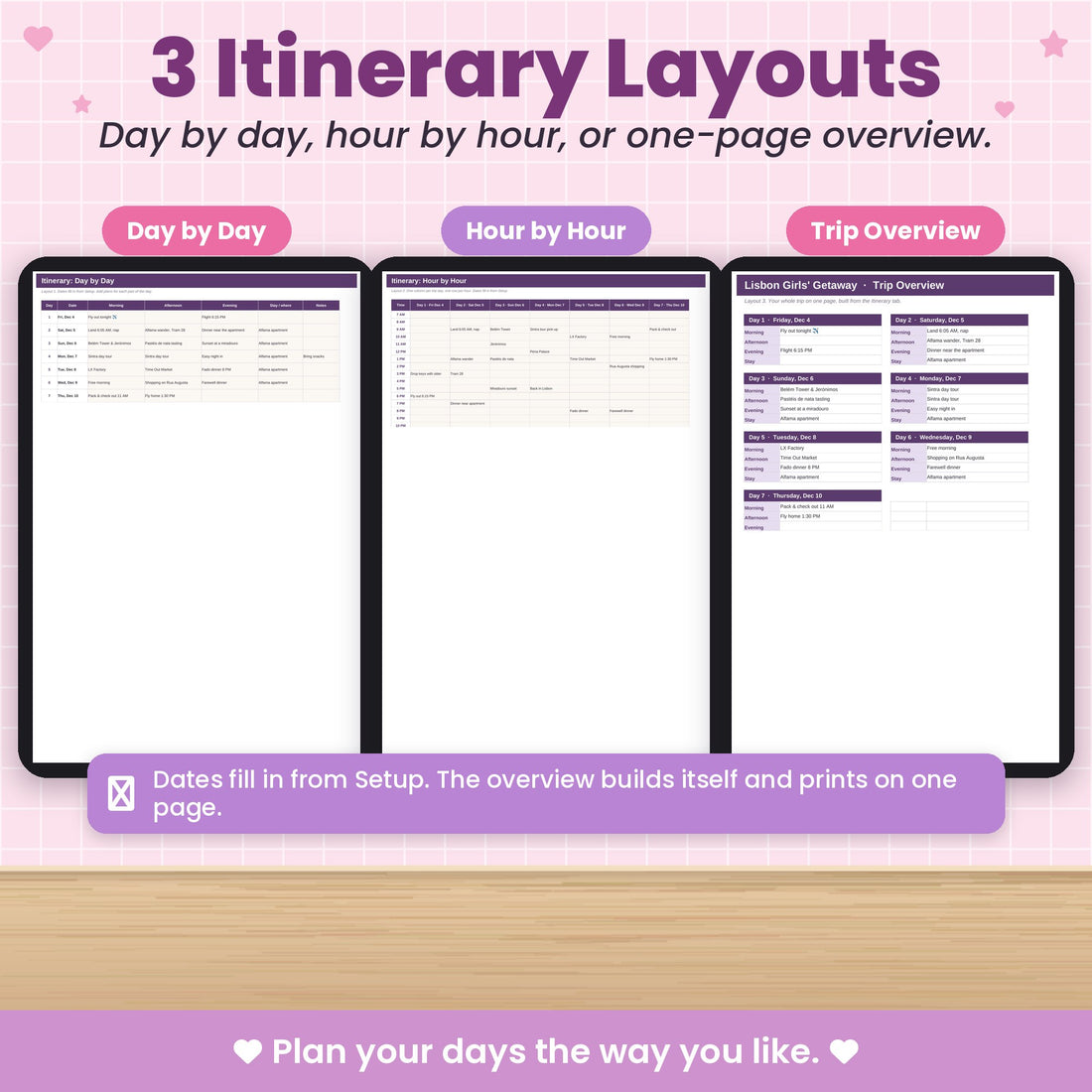 Three itinerary layouts