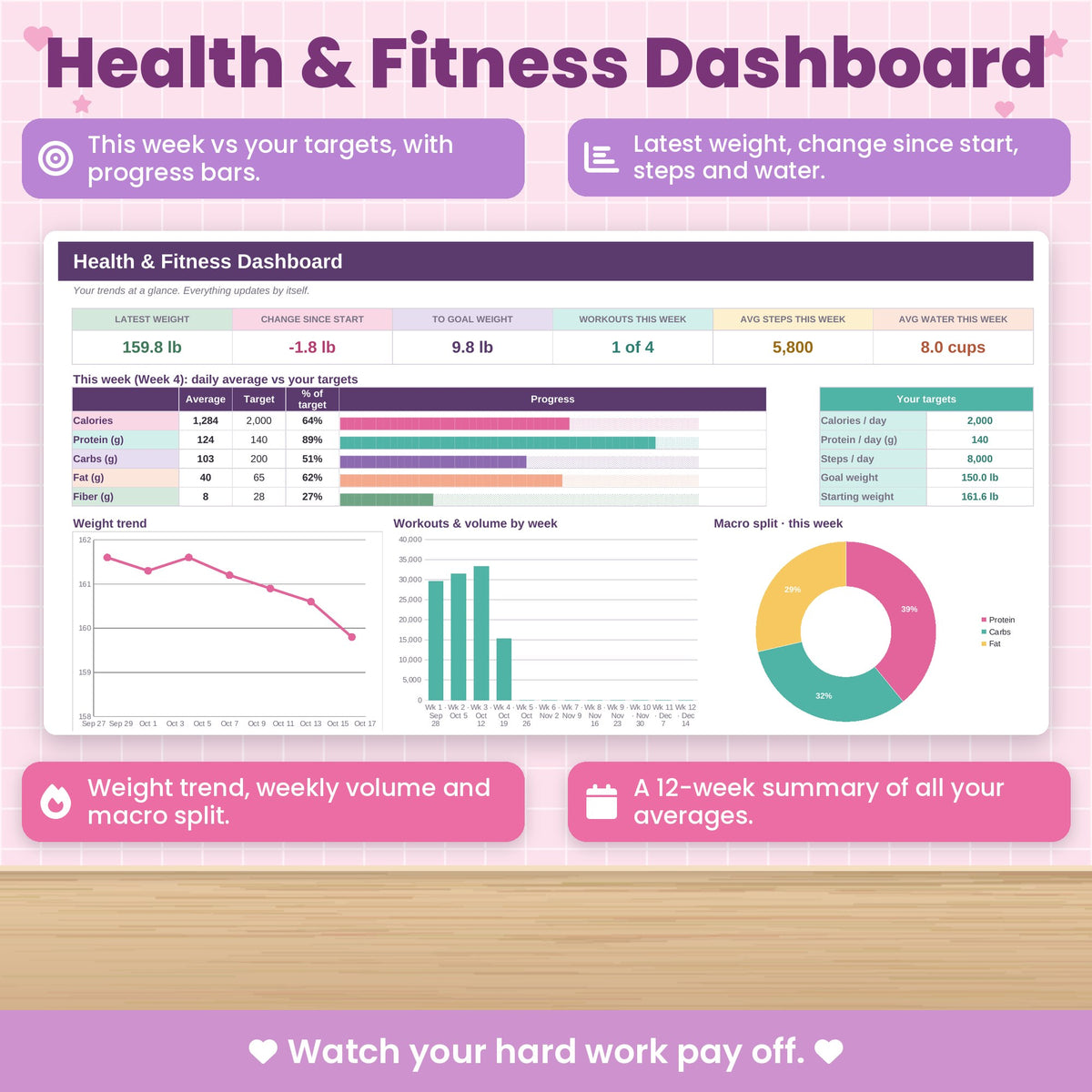 Workout & Macro Tracker Spreadsheet for Excel & Google Sheets
